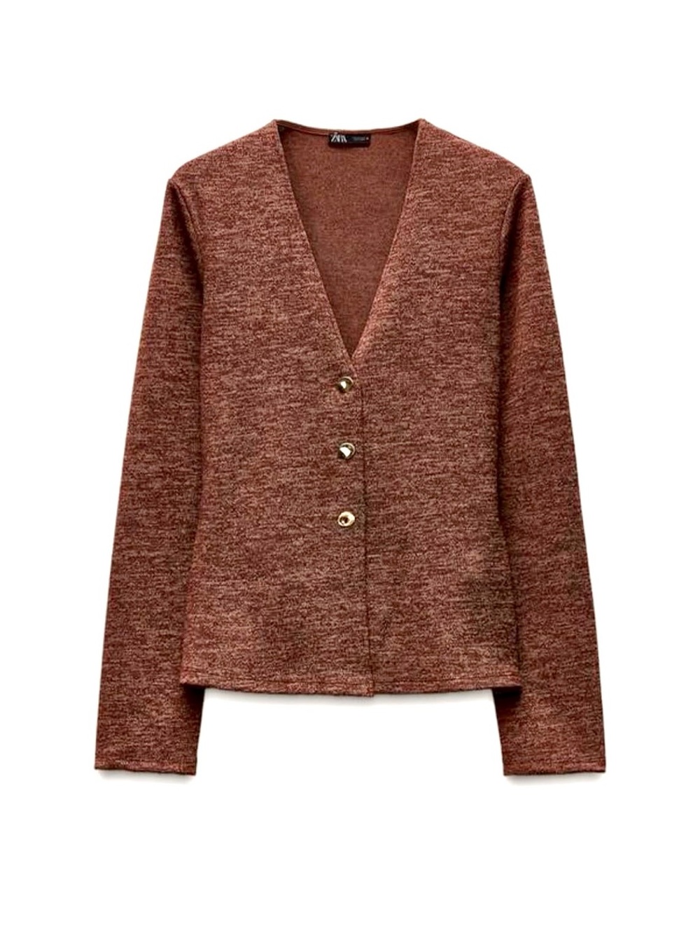 ZARA Rust Brown Marled Lightweight 3 gold button V neck cardigan - M/L